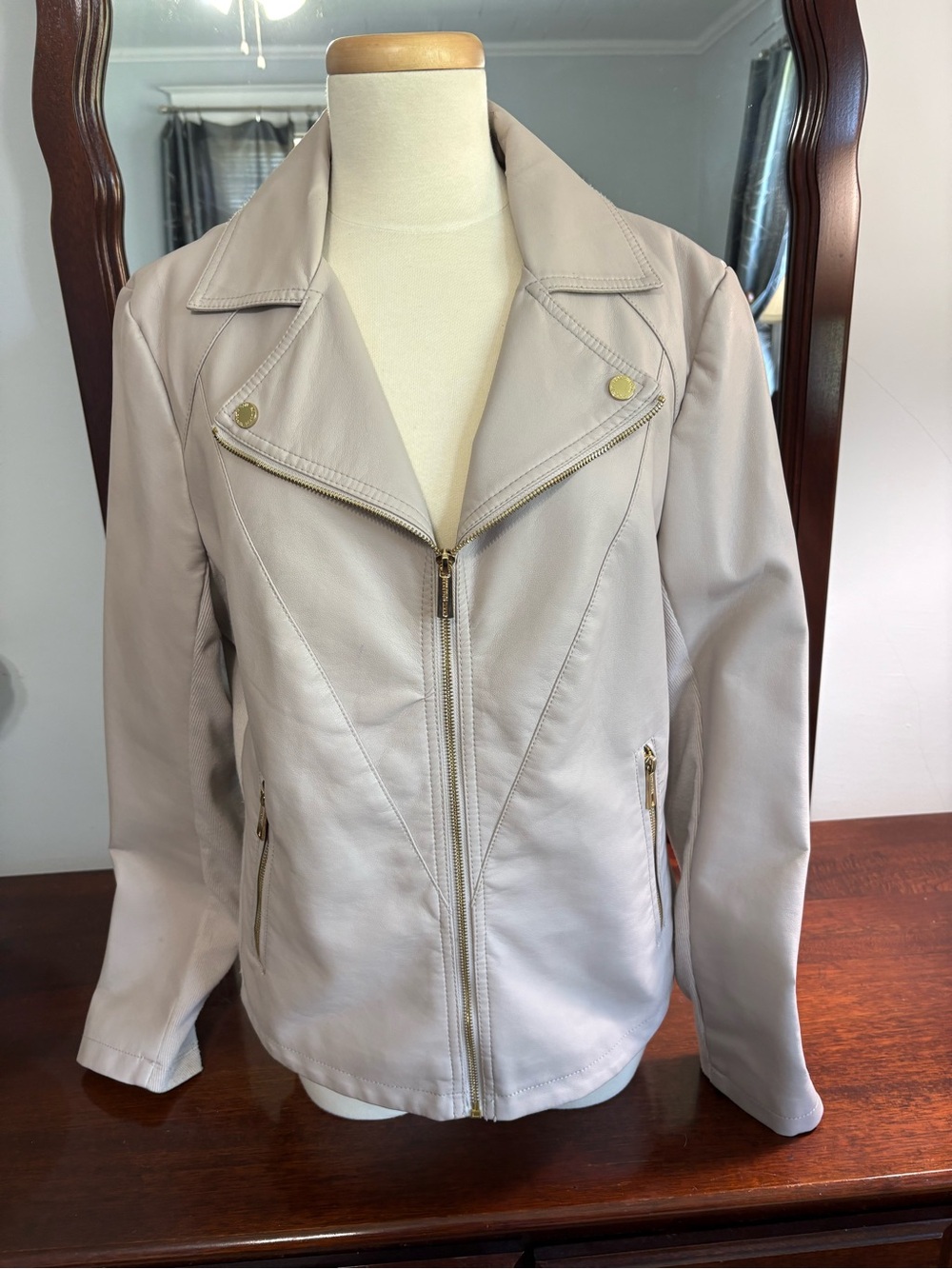 Kenneth Cole Reaction Taupe Faux Leather Moto Jacket with Gold Hardware